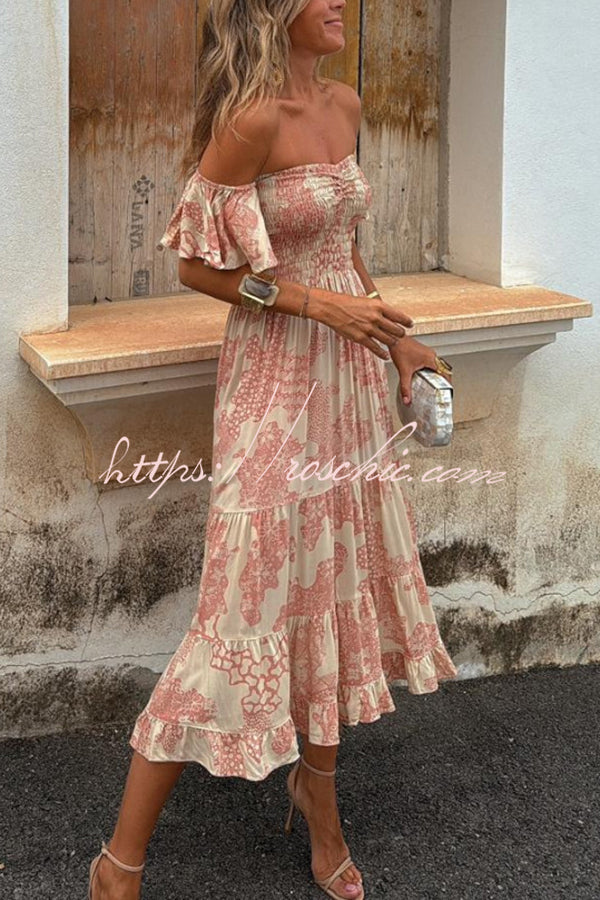 Printed Off-Shoulder Smocked Midi Dress with Ruffle Sleeves