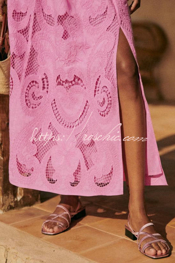 Cutout Embroidery Lace High-Rise Maxi Skirt with Side Slit