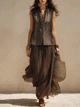 Dark Pleated Maxi Skirt & Satin Sleeveless Top Set
