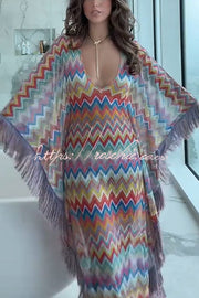 Knit Zigzag Fringe Trim Vacation Maxi Dress | One Size