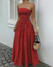 Vintage Polka Dot Strapless Ruffle Maxi Dress