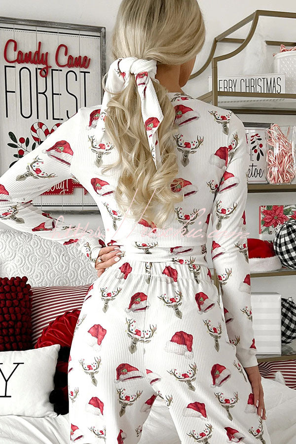 Christmas Pajama Set Women Santa Hat Reindeer Print Lounge