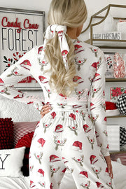 Christmas Pajama Set Women Santa Hat Reindeer Print Lounge