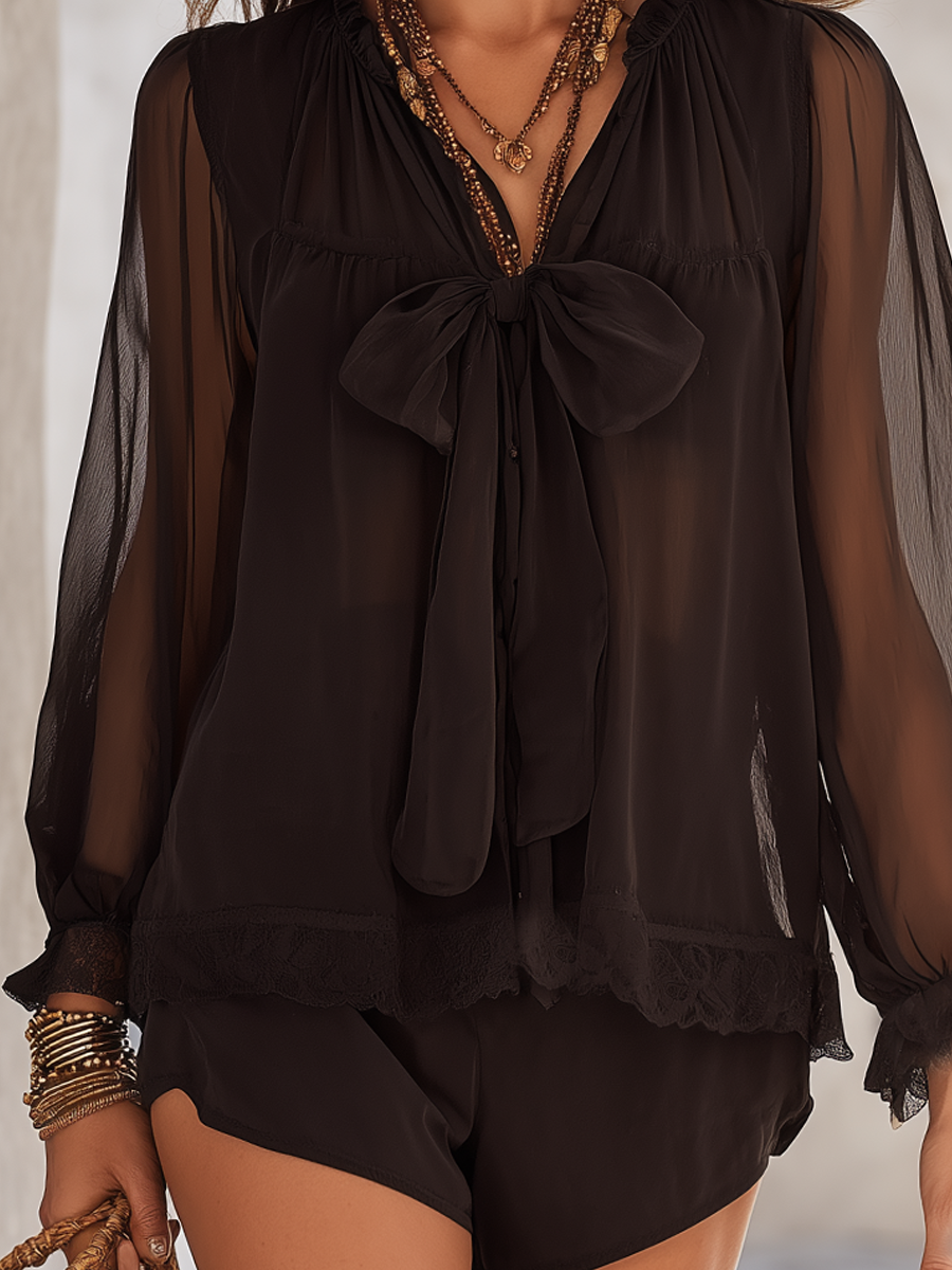 Black Chiffon Long Sleeve Blouse With Bow-Tie Neckline