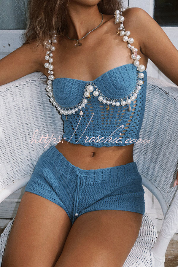Crochet Knit Pearl Trim Sweetheart Crop Tank Top