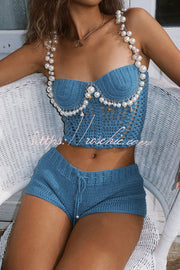 Crochet Knit Pearl Trim Sweetheart Crop Tank Top