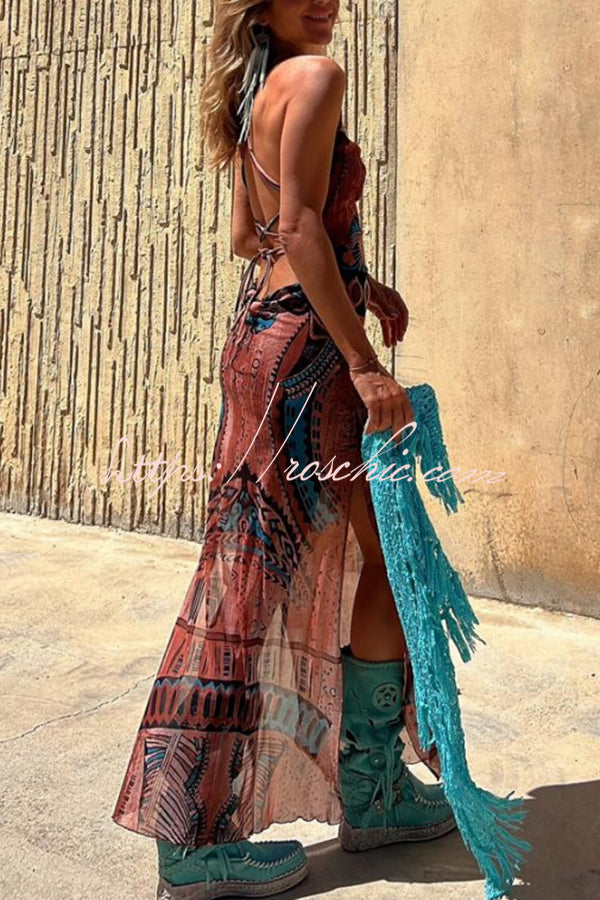Robe midi imprimée à col bénitier et dos en dentelle – Coupe ample