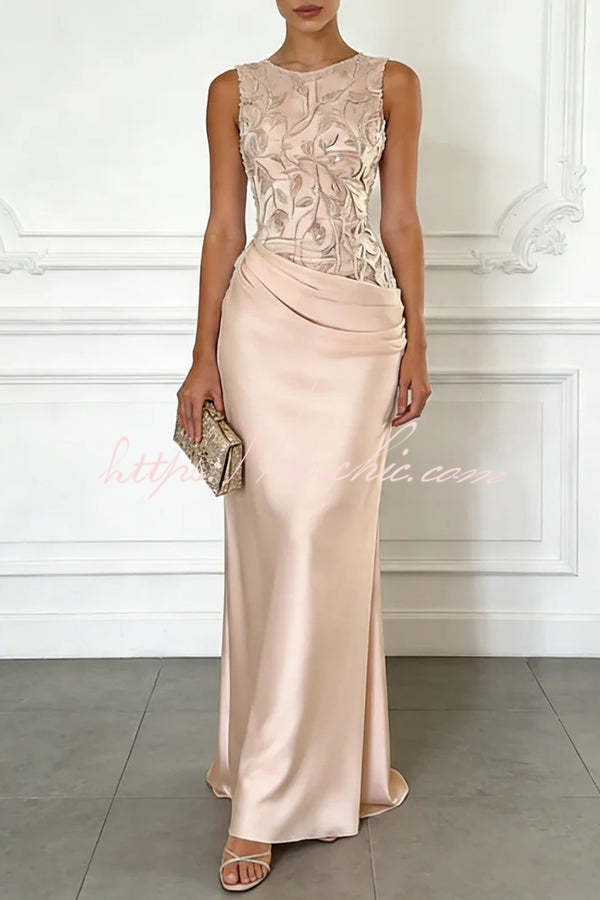 Light Pink Satin Maxi Dress with Floral Embroidery