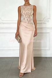 Light Pink Satin Maxi Dress with Floral Embroidery