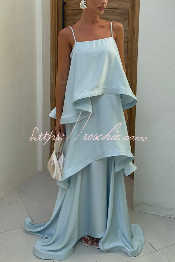 Satin Tiered Maxi Dress – Square Neck Sleeveless A-Line