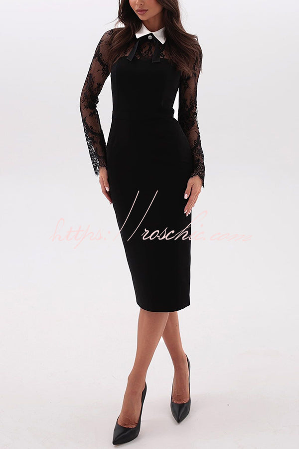 Lace Midi Dress with Detachable Bow Collar, Long Sleeve