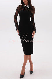 Lace Midi Dress with Detachable Bow Collar, Long Sleeve