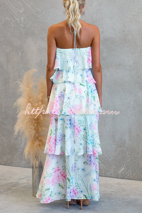 Chiffon Floral Print Halter Maxi Dress with Tiered Ruffles
