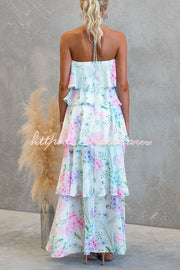 Chiffon Floral Print Halter Maxi Dress with Tiered Ruffles