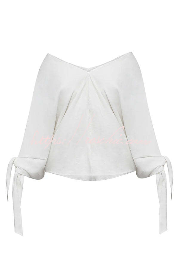 Linen Blend V-Neck Loose Top with Knotted Cuff Half Sleeves