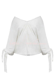 Linen Blend V-Neck Loose Top with Knotted Cuff Half Sleeves