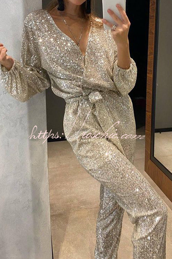 Sequin Long Sleeve Belted Wrap Jumpsuit – Loose Fit