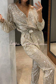 Sequin Long Sleeve Belted Wrap Jumpsuit – Loose Fit