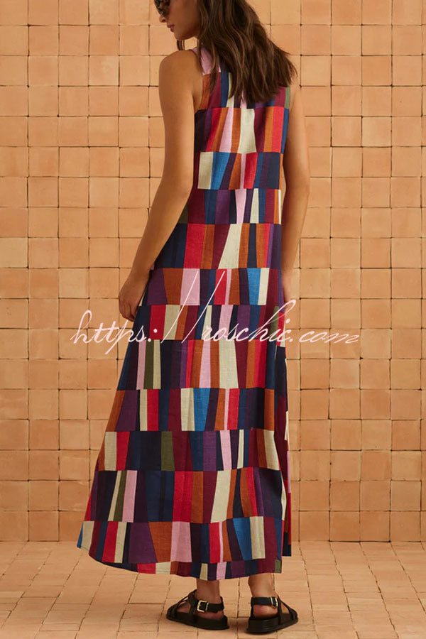 Linen Blend Color Block Sleeveless Maxi Dress