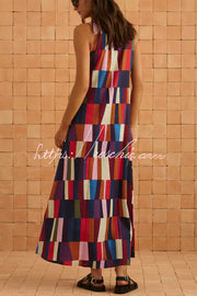 Linen Blend Color Block Sleeveless Maxi Dress