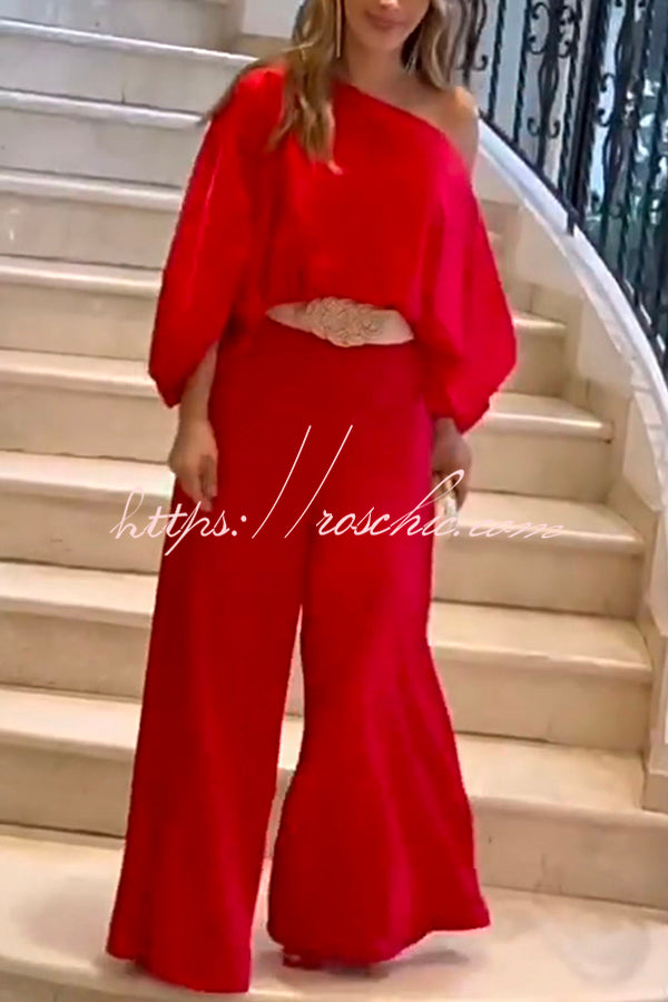 Rose Print Wide Leg Pants Suit with Belted Waist