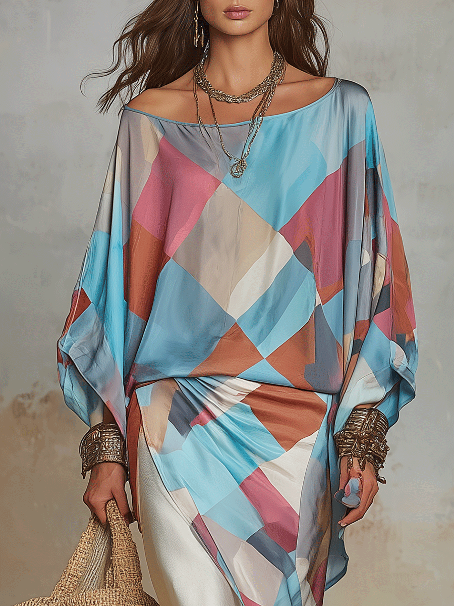 Colorblock Sheer Satin Draped Midi Dress | Boho Style