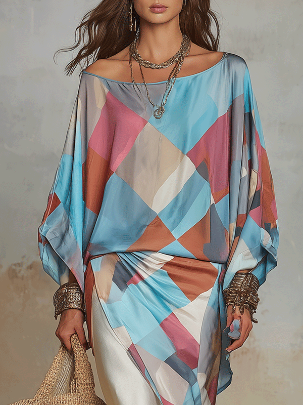 Robe midi drapée en satin transparent color block | Style bohème