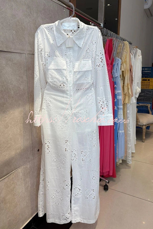 Embroidered Lace Long Sleeve Jumpsuit with Elastic Waist
