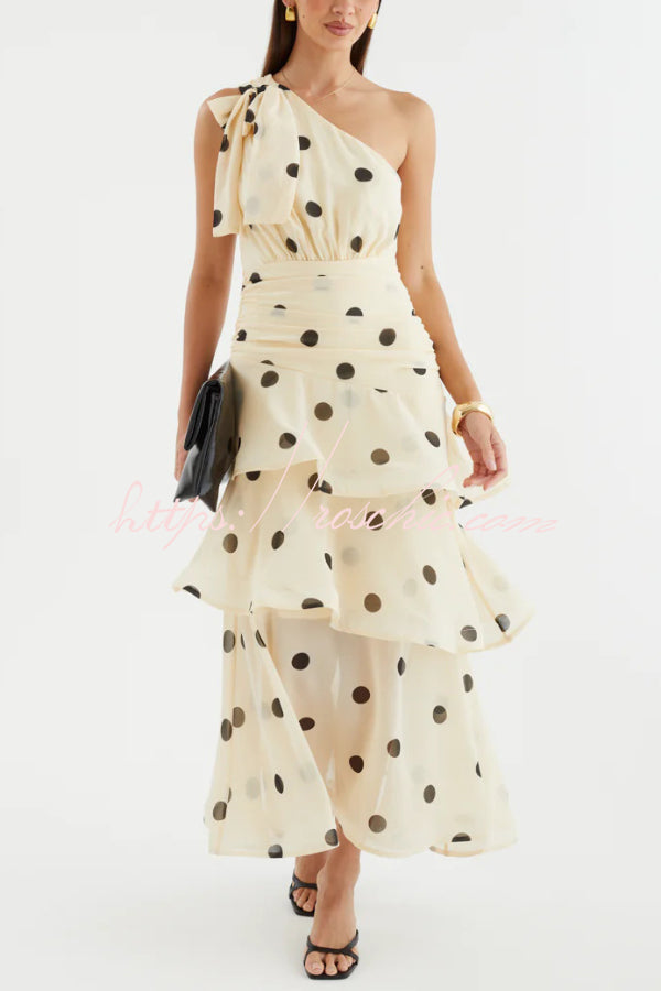 Polka Dot One-Shoulder Sleeveless Layered Mesh Maxi Dress