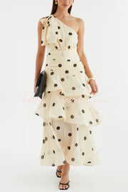 Polka Dot One-Shoulder Sleeveless Layered Mesh Maxi Dress