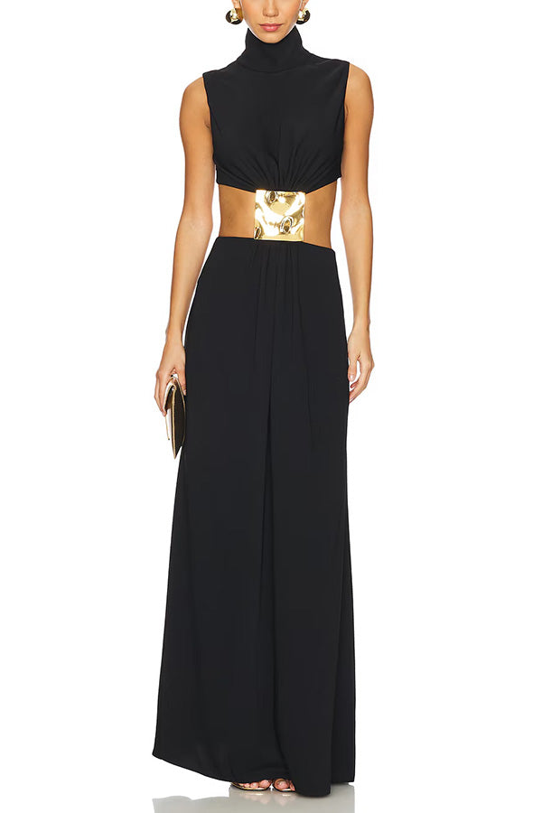 High Neck Cutout Waist Sleeveless Maxi Dress