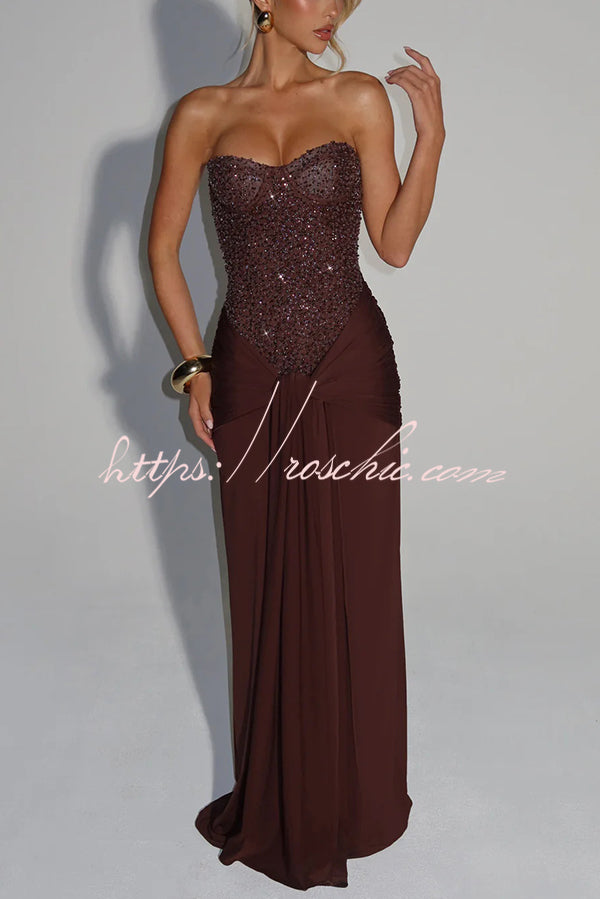 Sequined Satin Jersey Off-Shoulder Ruched Maxi Dress