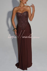 Sequined Satin Jersey Off-Shoulder Ruched Maxi Dress
