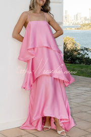 Satin Tiered Maxi Dress – Square Neck Sleeveless A-Line