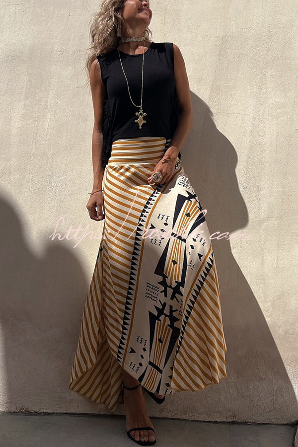 Satin Geometric Print Maxi Skirt with Elastic Waist