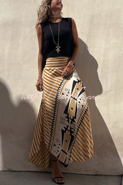 Satin Geometric Print Maxi Skirt with Elastic Waist