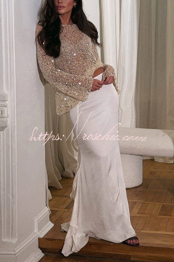 Sequin Hollow-Out Long Sleeve Loose Knit Top