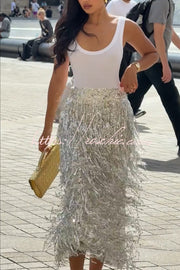 Sequin Midi Skirt with Layered Tassels and Back Slit