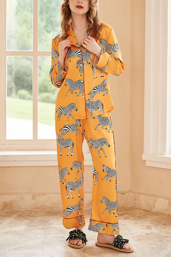 Yellow Zebra Print Long Sleeve Two-Piece Lounge Set