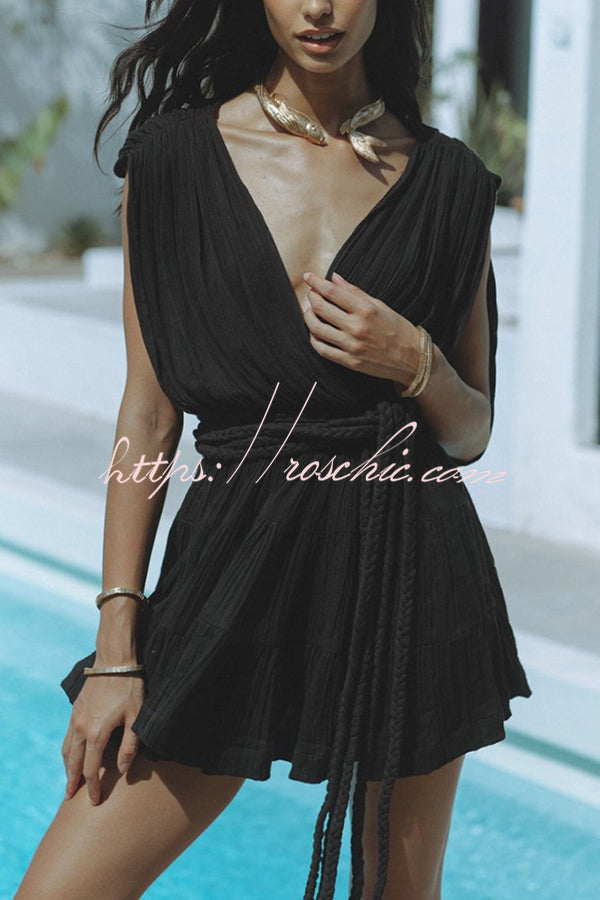 Linen Blend Draped Mini Dress with Braided Belt Detail