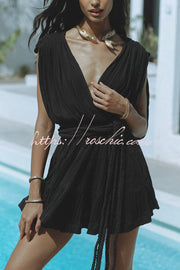 Linen Blend Draped Mini Dress with Braided Belt Detail