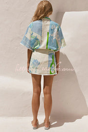Linen Blend Ric Rac Trim Printed Shirt & Wrap Mini Skirt Set