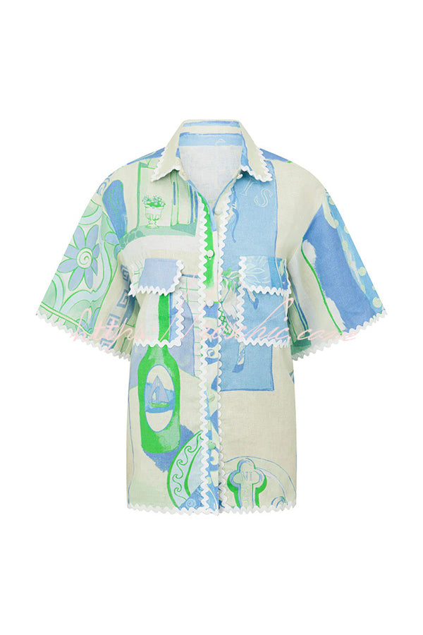 Linen Blend Ric Rac Trim Printed Shirt & Wrap Mini Skirt Set