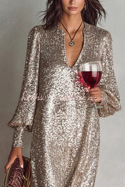 Sequin V-Neck Maxi Dress with Balloon Sleeves | Party Dress