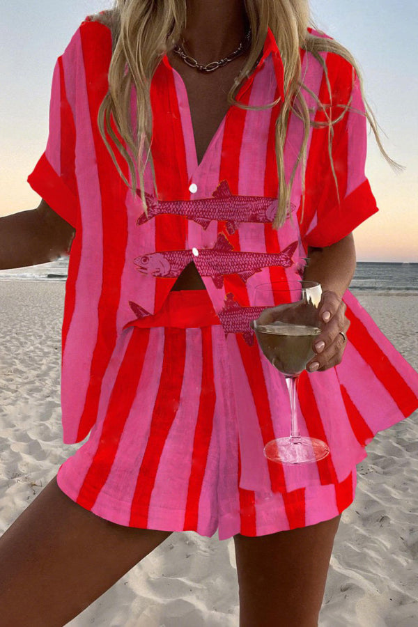 Fish Stripe Print Loose Shorts Set with Button Top