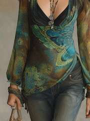 Bohemian Peacock Print Wrap Blouse in Emerald Blue
