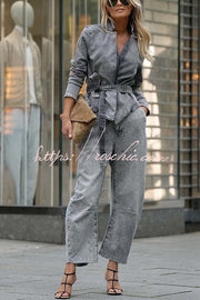 Women's Denim Belted Jacket – Loose Fit Stand Collar