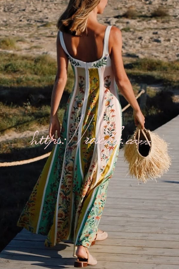 Robe longue florale en lin mélangé à blocs de couleurs – Col en cœur