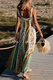 Robe longue florale en lin mélangé à blocs de couleurs – Col en cœur
