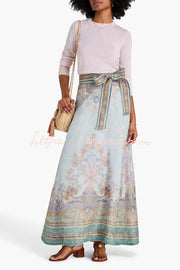 Linen Blend Paisley Maxi Skirt High Rise Tie Waist Vacation